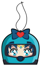 Load image into Gallery viewer, Sailor Moons friend sailor mercury air freshener hanging from black string. Wearing blue helmet with blue bow and red heart on blue eyed blue hair japanese anime girl.
