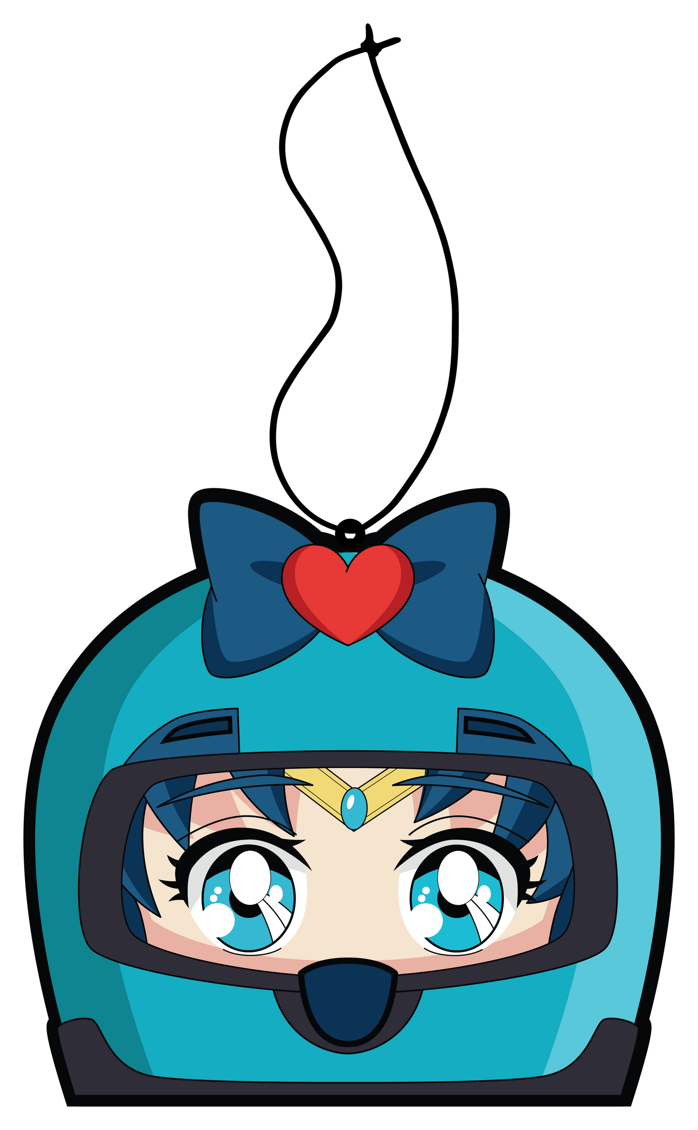Sailor Moons friend sailor mercury air freshener hanging from black string. Wearing blue helmet with blue bow and red heart on blue eyed blue hair japanese anime girl.