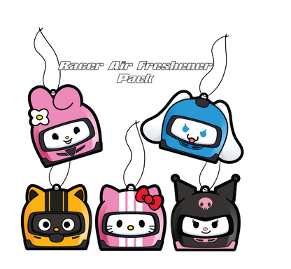 Sanrio Racer Air Freshener Pack. Multiple Scents, Pink helmet bunny with flower, blue helmet bunny rabbit. yellow orange black stripe hemet cat. pink white stripe with red bow helmet white cat. evil black helmet with pink skull white cat