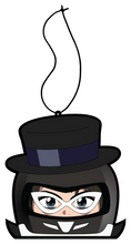 Load image into Gallery viewer,  character tuxedo mask air freshener hanging from black string. male japanese anime character wearing black top hat with white glasses and black helmet. 

