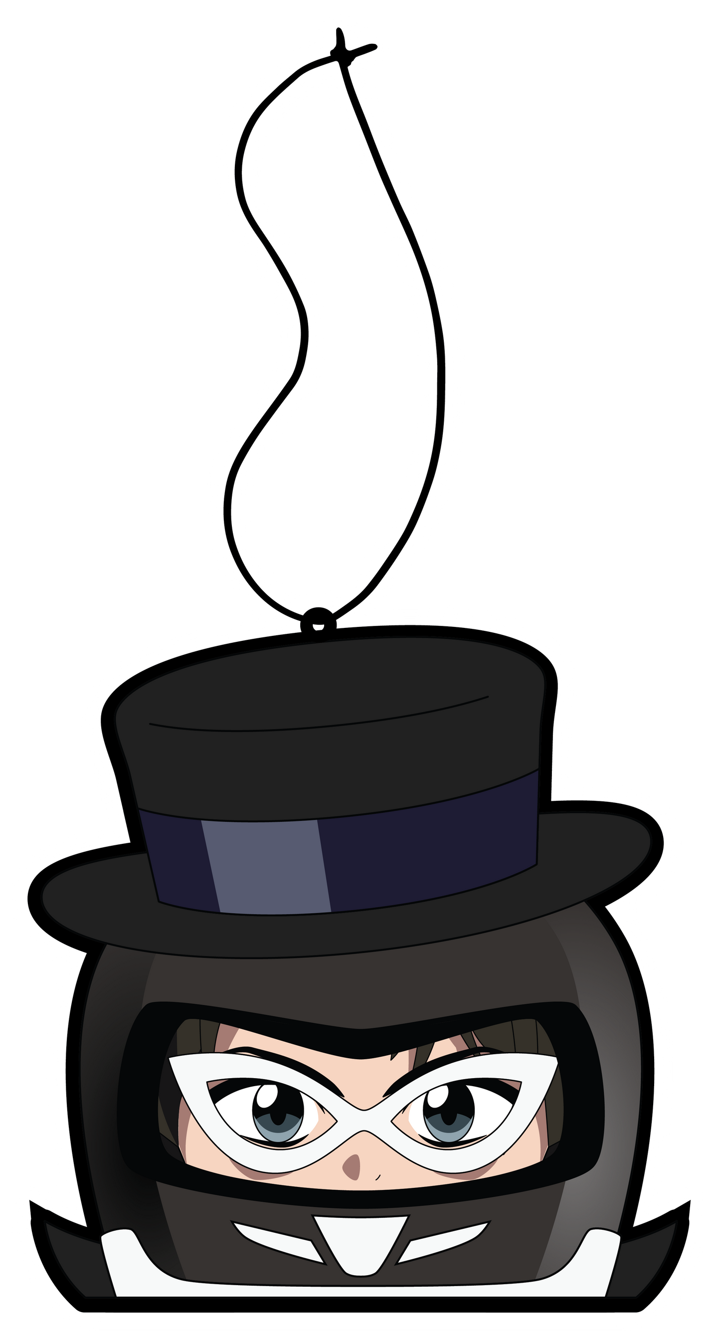  character tuxedo mask air freshener hanging from black string. male japanese anime character wearing black top hat with white glasses and black helmet. 