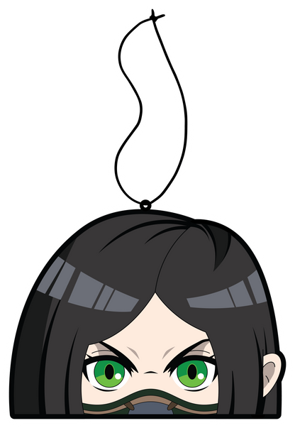 Green Viper air freshener hanging from black string. Japanese anime character with black straight hair and green eyes with toxin mask on.