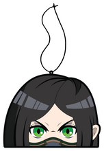 Load image into Gallery viewer, Green Viper air freshener hanging from black string. Japanese anime character with black straight hair and green eyes with toxin mask on.
