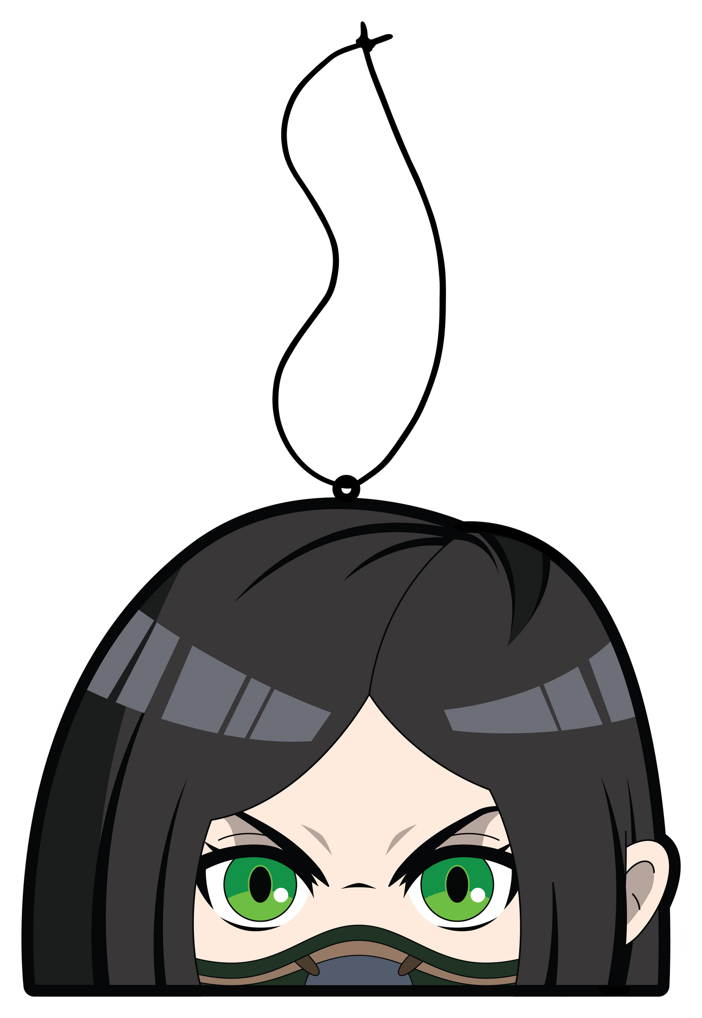 Green Viper air freshener hanging from black string. Japanese anime character with black straight hair and green eyes with toxin mask on.